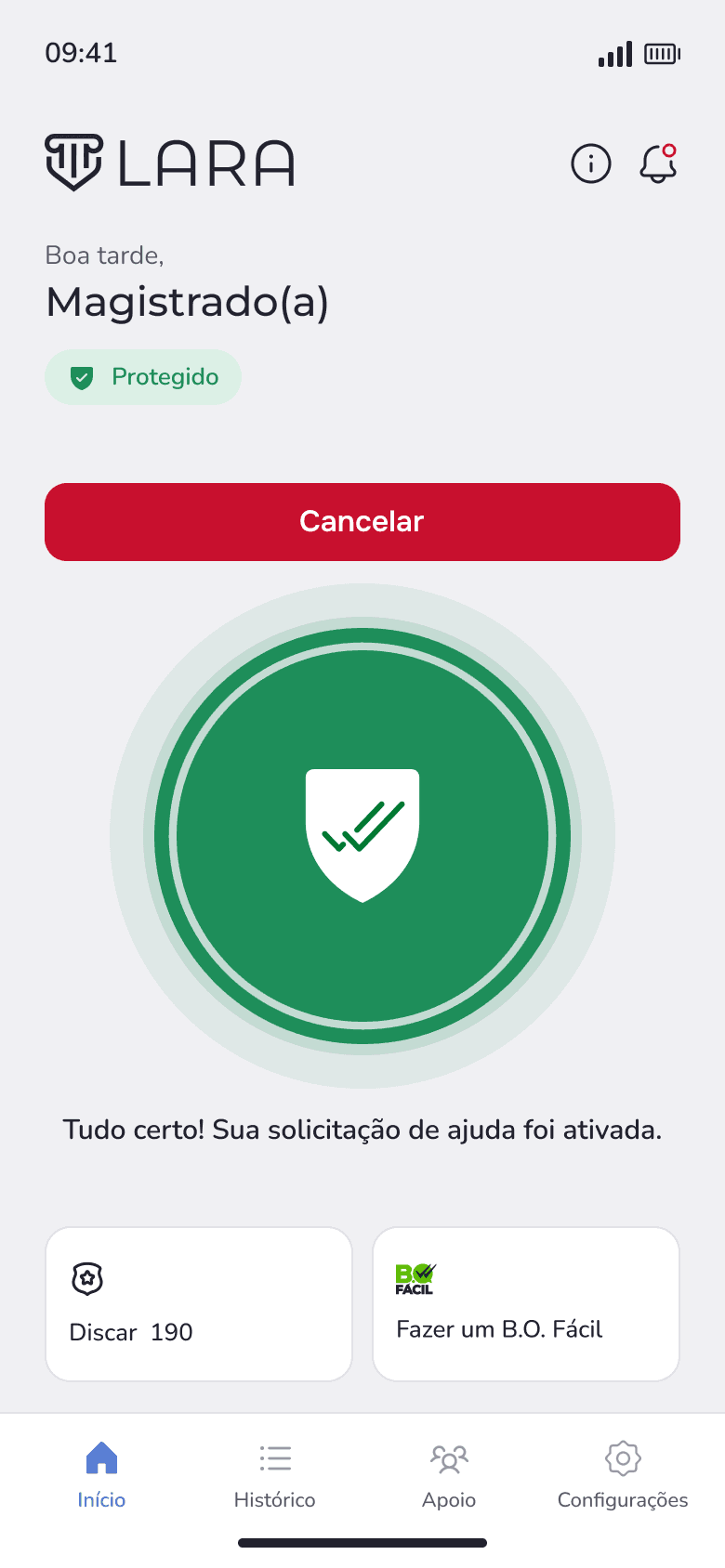 Tela do LARA com o pedido de ajuda ativado