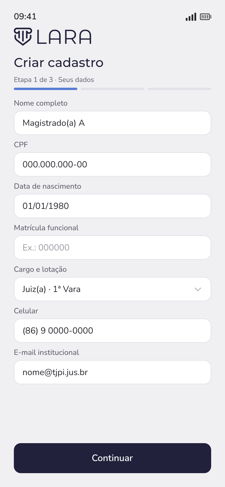Tela "Cadastro" do app LARA
