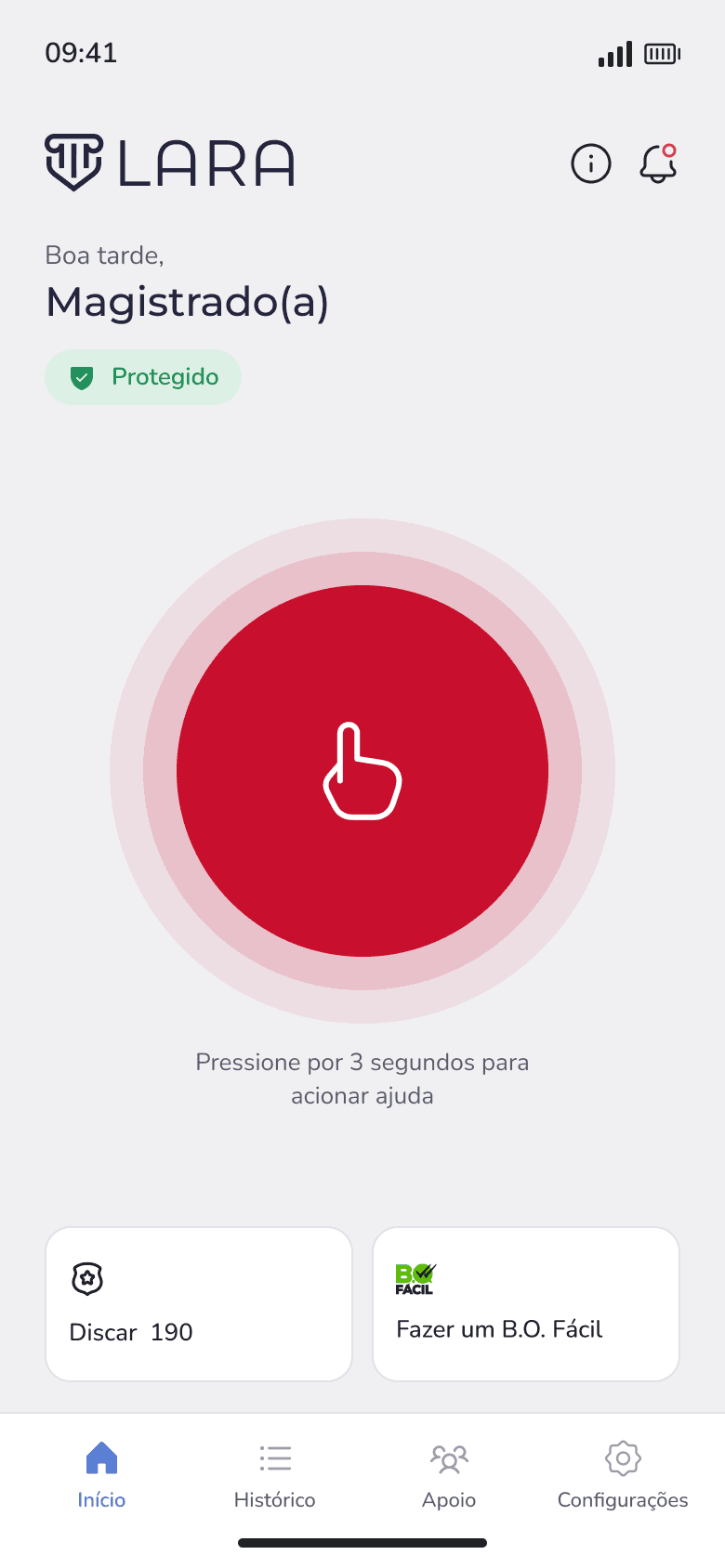 Tela inicial do app LARA com o botão de pânico